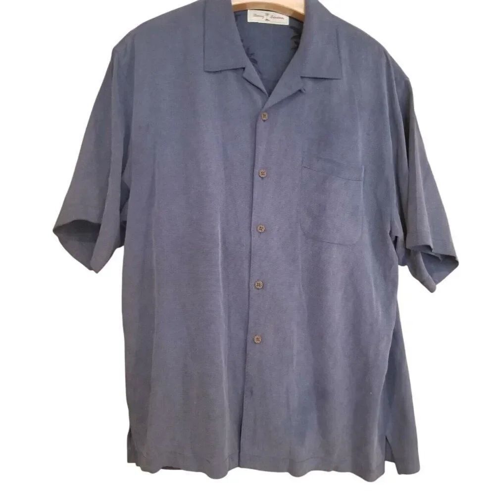 Tommy Bahama Mens L Shirt Blue Silk Short Sleeve Hawaiian Button Up